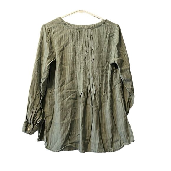 J Jill Pleated Tunic V Neck Split Hem Striped Sage Green Loose Fit Size Petite S - Picture 2 of 11